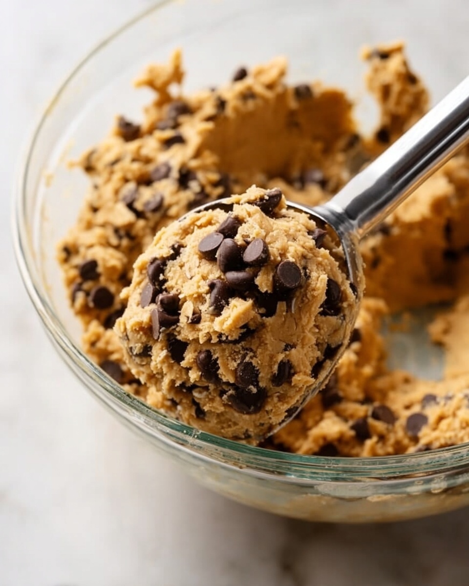 A clear glass bowl filled with light brown cookie dough mixed with dark brown chocolate chips. A metal cookie scoop is lifting a rounded spoonful of the dough from the bowl. The cookie dough texture looks thick and chunky with visible oats and chocolate chips scattered throughout. The bowl is placed on a white marbled surface. photo taken with an iphone --ar 4:5 --v 7