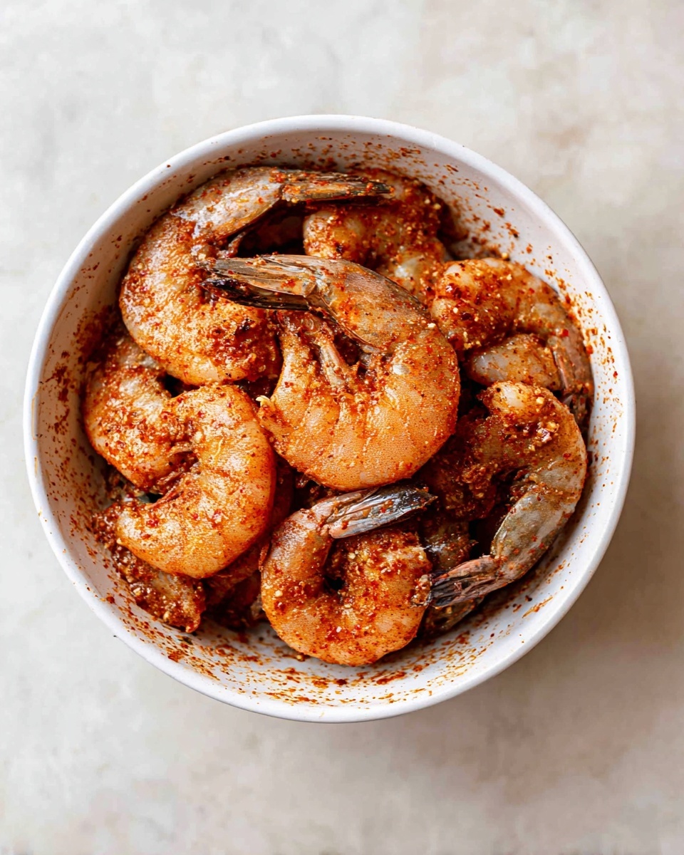 A white bowl filled with raw shrimp coated in a reddish-brown spice mix, showing a shiny and slightly wet texture. The shrimp have a light gray color with dark tails, and the spice mix covers the shrimp and the bowl’s inner surface unevenly. The bowl rests on a white marbled texture surface, and the shrimp are piled in a single layer, overlapping one another. photo taken with an iphone --ar 4:5 --v 7