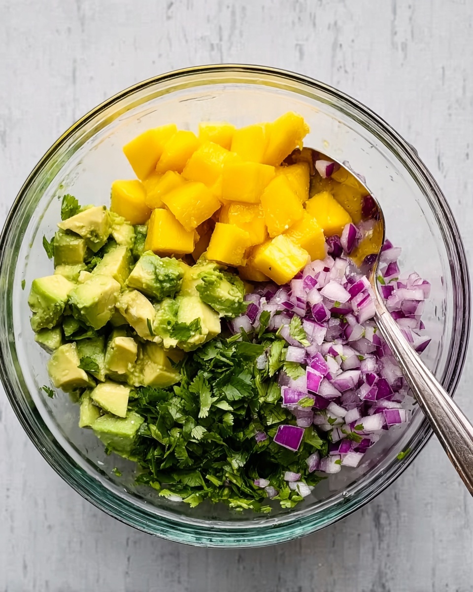 A clear glass bowl contains a colorful mix of fresh ingredients, arranged in separate sections. One side has small yellow mango cubes, another side shows bright green avocado chunks, and a third part has finely chopped purple onions mixed with fresh green cilantro leaves. A silver spoon rests on the bowl’s edge. The bowl sits on a white marbled surface. photo taken with an iphone --ar 4:5 --v 7