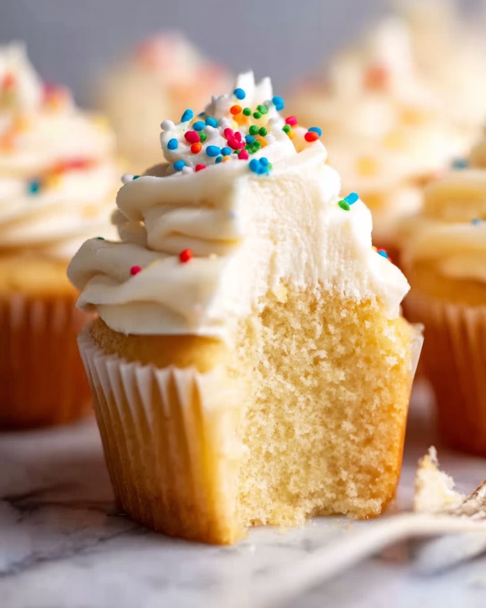 The image shows a close-up of a vanilla cupcake with light yellow cake inside. It has one thick layer of smooth, creamy white frosting on top, decorated with small, round colorful sprinkles in red, blue, green, and yellow. The cupcake liner is light-colored and ridged. The background features more similar cupcakes on a white marbled surface. A white fork is partly visible in the front near the cupcake. The lighting is soft with a slightly blurry background, focusing clearly on the cupcake's texture and decoration. photo taken with an iphone --ar 4:5 --v 7