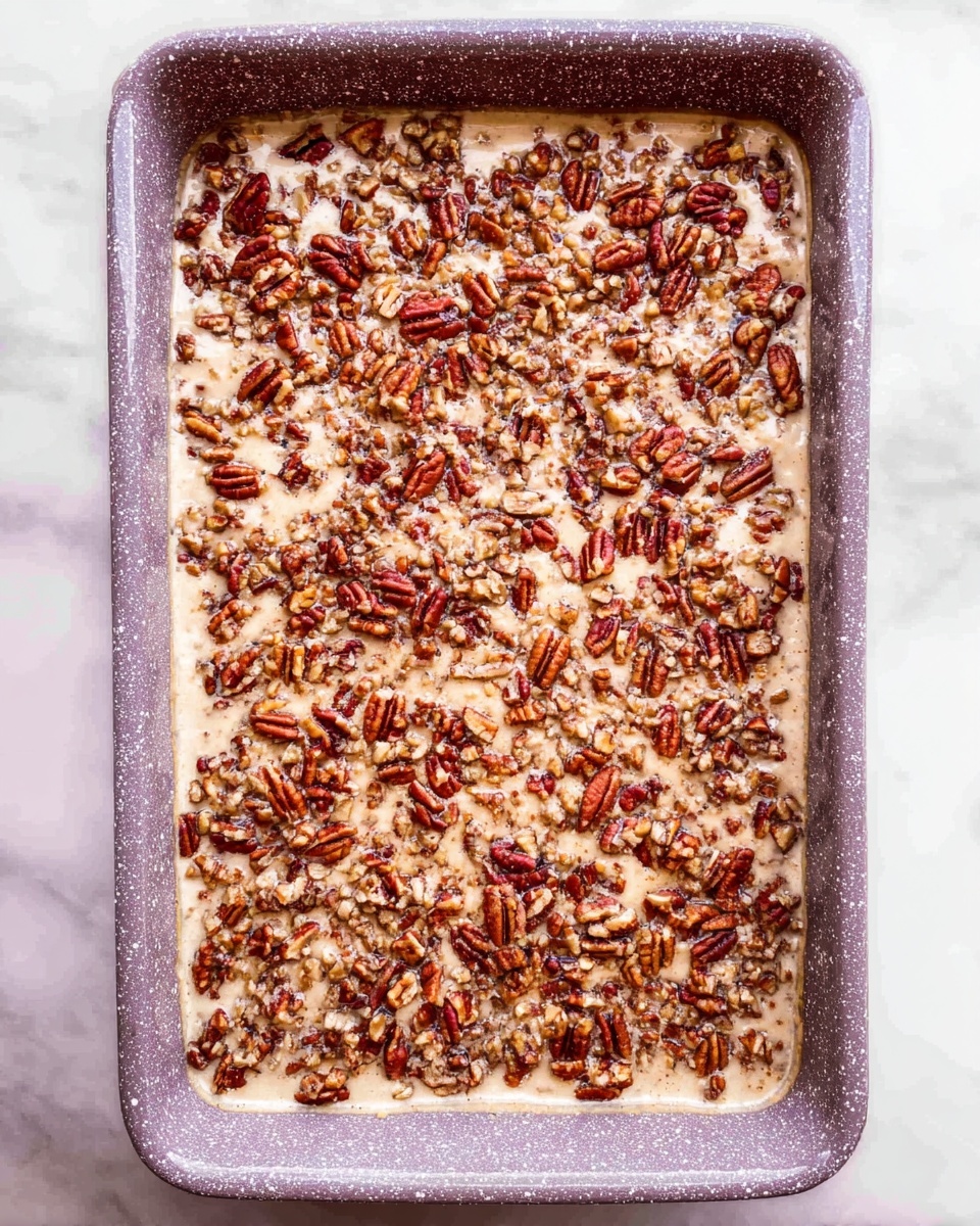 The image shows a rectangular baking dish filled with a dessert topped evenly with chopped toasted pecans. The top layer is light beige with a slightly grainy texture, and the pecans are reddish-brown, scattered all over the surface, giving it a crunchy look. The baking dish is speckled light purple and placed on a white marbled surface. The image is well-lit and taken from above, showing the full dish clearly. Photo taken with an iphone --ar 4:5 --v 7