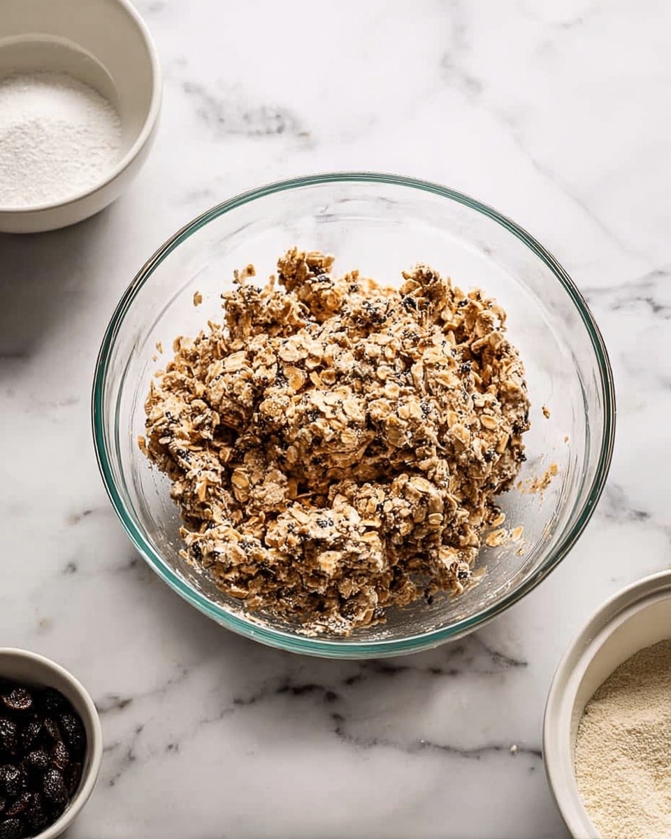 A clear glass bowl in the center filled with a rough-textured mixture that is light brown with dark spots, showing visible oats and small dark pieces spread throughout. Around the bowl, there are three white bowls, one empty, one with a small pile of white powder, and one with some black round items inside. All bowls sit on a white marbled surface with grey veins. The scene is simple, focusing on the mixture in the glass bowl. photo taken with an iphone --ar 4:5 --v 7