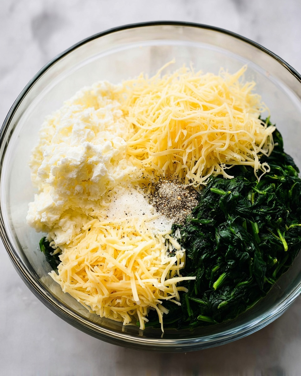 A clear glass bowl holds several fresh ingredients separated in layers: one side shows dark green, cooked spinach with a soft texture; next to it is a small amount of finely minced light yellow garlic; above the spinach is a pile of soft white cheese, looking creamy and smooth; beside that is a heap of shredded light yellow cheese with a fluffy texture, next to a smaller pile of finely shredded pale yellow cheese with a thin, stringy look; on top of the cheeses are a few small piles of black pepper and white salt. The bowl sits on a white marbled surface. Photo taken with an iphone --ar 4:5 --v 7