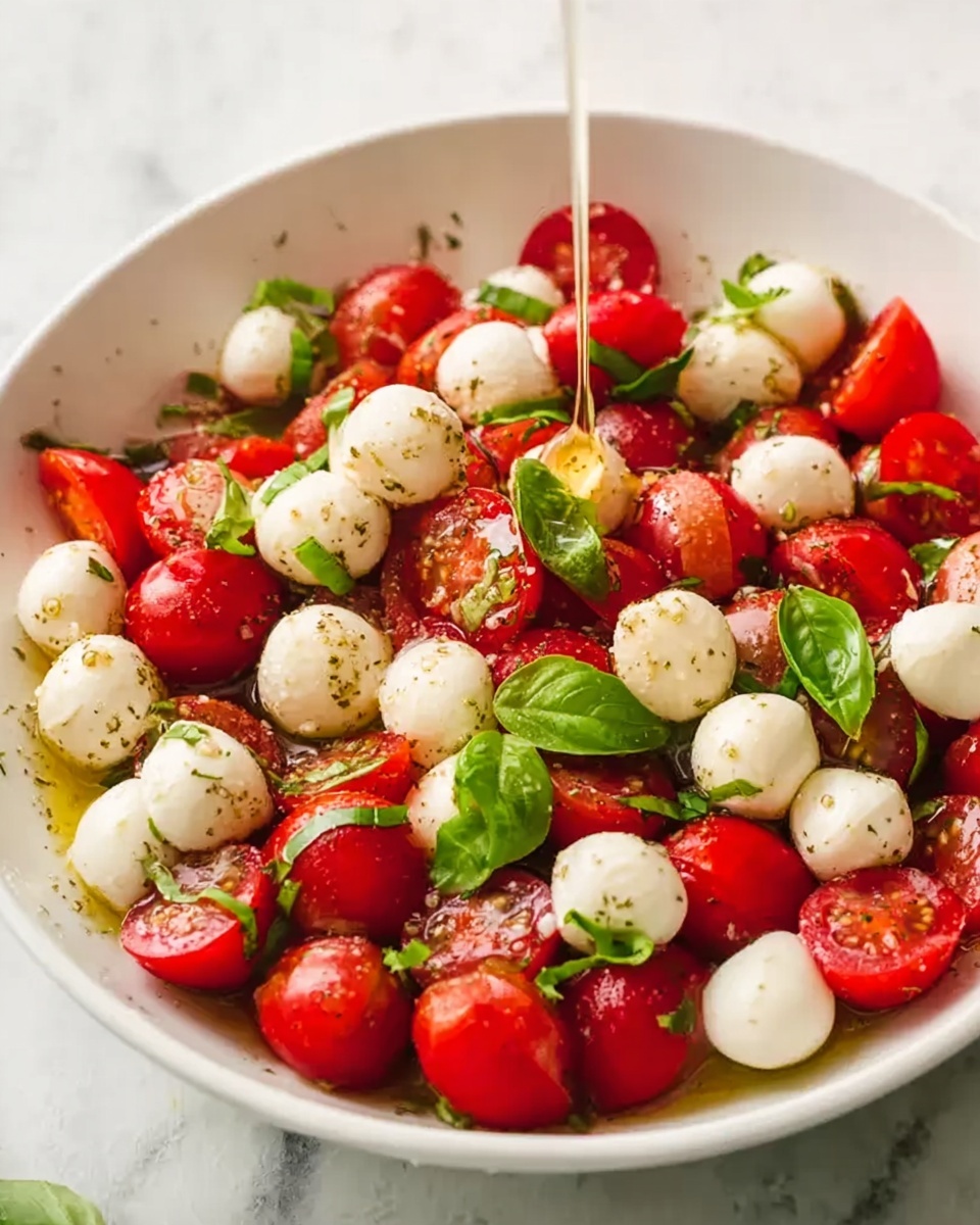 A white bowl filled with a salad of bright red cherry tomato halves mixed with small, round white mozzarella balls. The tomatoes and cheese are scattered evenly, with fresh green basil leaves spread throughout. A light drizzle of golden olive oil is falling onto the salad from above, adding a shiny texture to the ingredients. The bowl sits on a white marbled surface, and the colors of red, white, and green create a fresh, vibrant look. photo taken with an iphone --ar 4:5 --v 7