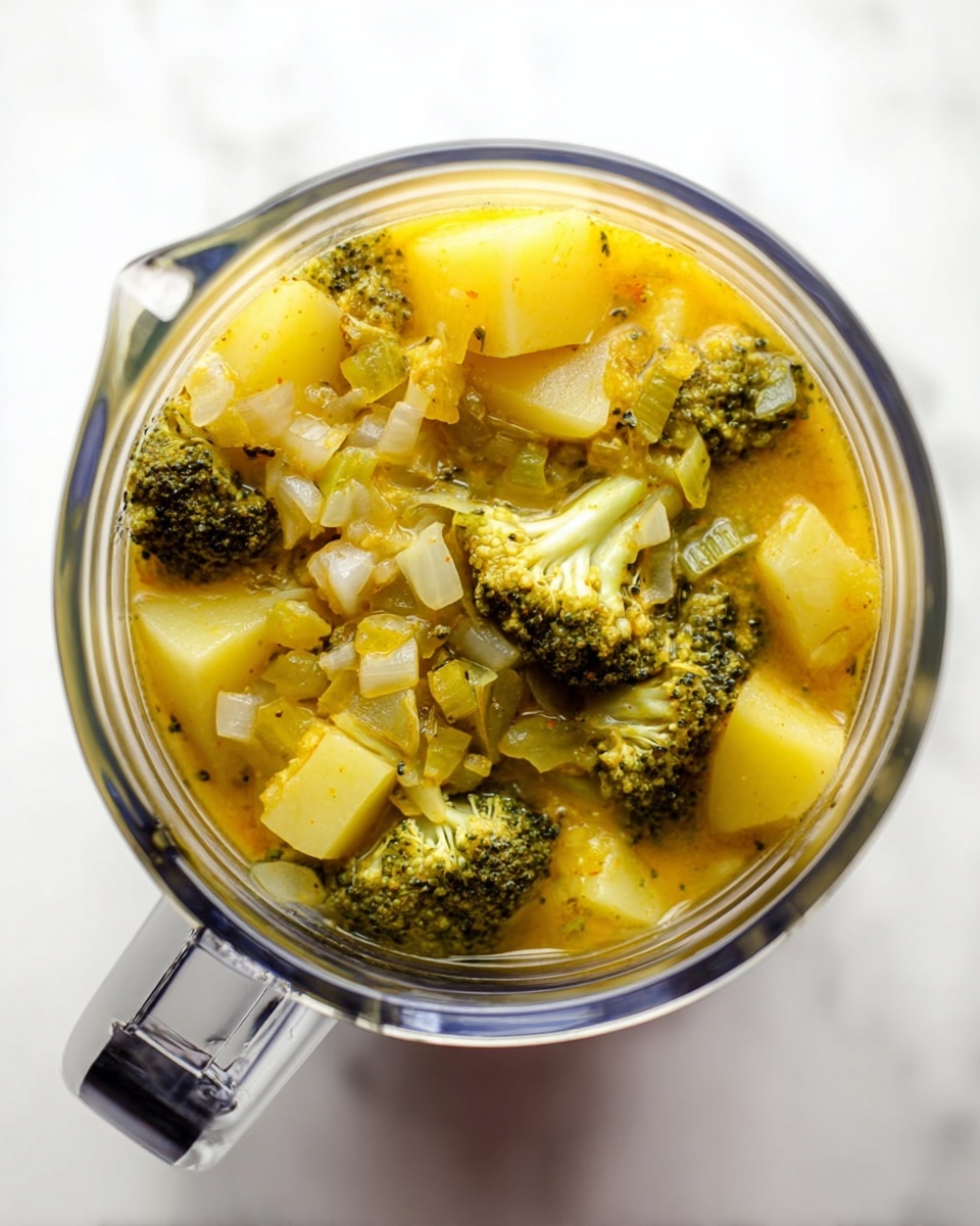 A top view of a clear glass blender jar filled with chunky soup showing three main layers: at the bottom, large yellow potato pieces; in the middle, diced pale onion pieces; and on top, green broccoli florets scattered unevenly and floating in golden-yellow broth. The background is a white marbled texture. photo taken with an iphone --ar 4:5 --v 7