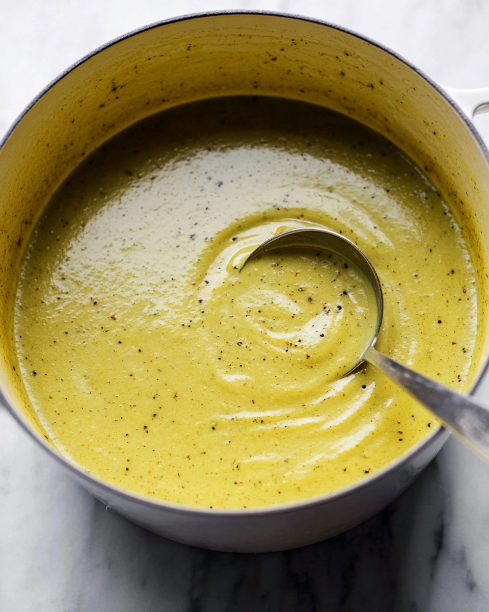 A large white pot filled with a smooth, creamy yellow-green soup with small black specks scattered throughout. A silver ladle is partially dipped, lifting some soup, creating a slight swirl in the center of the pot. The soup has a rich, thick texture with a subtle shine, and the pot sits on a white marbled surface. photo taken with an iphone --ar 4:5 --v 7