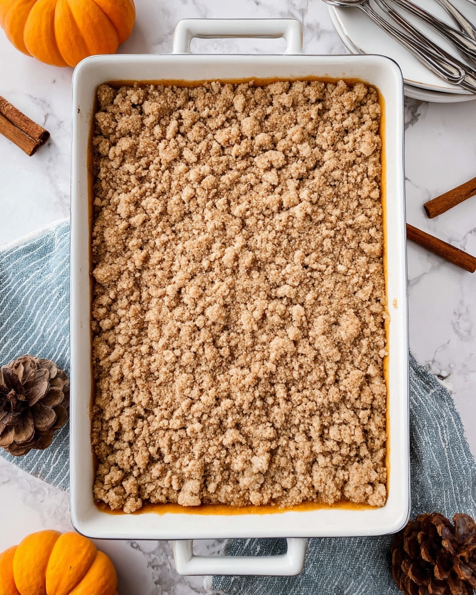 A rectangular white baking dish filled with a layered dessert, showing a crumbly, light brown top layer with a coarse texture and small clumps spread evenly. Beneath the crumb topping, a smooth orange layer peeks through near the edges, suggesting a soft filling. The dish sits on a white marbled surface, surrounded by small pinecones, a small orange pumpkin, a blue-striped cloth, some cinnamon sticks, and metal forks on a white plate at the top right. Photo taken with an iphone --ar 4:5 --v 7