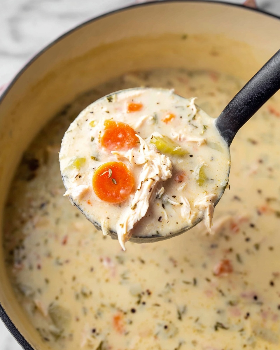 A close-up view of a thick creamy soup in a white pot with a black ladle lifting a large spoonful of the soup. The soup has a light beige creamy base filled with small chunks of shredded white meat, soft slices of bright orange carrots, bits of pale green celery, and flecks of black pepper and herbs spread throughout. The texture looks smooth and rich with the ingredients well mixed. The background is a white marbled surface. photo taken with an iphone --ar 4:5 --v 7