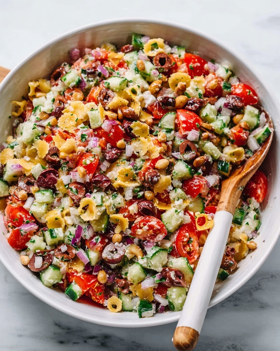 A white bowl filled with a colorful salad made of small diced red tomatoes, green cucumbers, sliced green and black olives, and finely chopped red onions. Mixed in are crunchy-looking golden-brown nuts and shavings of pale yellow cheese scattered on top. The salad has a fresh and vibrant mix of colors with textures ranging from soft vegetables to crunchy nuts. A white spoon with a light wooden handle is resting inside the bowl on the right side, slightly immersed in the salad. The bowl is placed on a white marbled surface with a soft natural light highlighting the freshness of the ingredients photo taken with an iphone --ar 4:5 --v 7