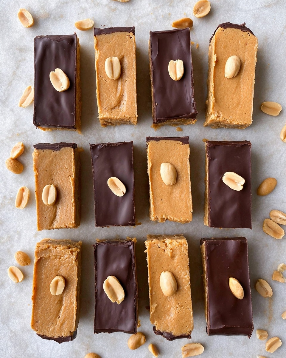 The image shows twelve rectangular peanut butter bars arranged in a grid on a white marbled surface, with some peanuts scattered around. The bars alternate between two styles: one style has a smooth, light brown peanut butter layer topped with two pale peanut halves, and the other style has a two-layer look with a thick dark chocolate layer on top and a light brown peanut butter layer underneath. The chocolate layer is shiny and slightly crinkled. The peanut butter layers look creamy and slightly textured. Photo taken with an iphone --ar 4:5 --v 7