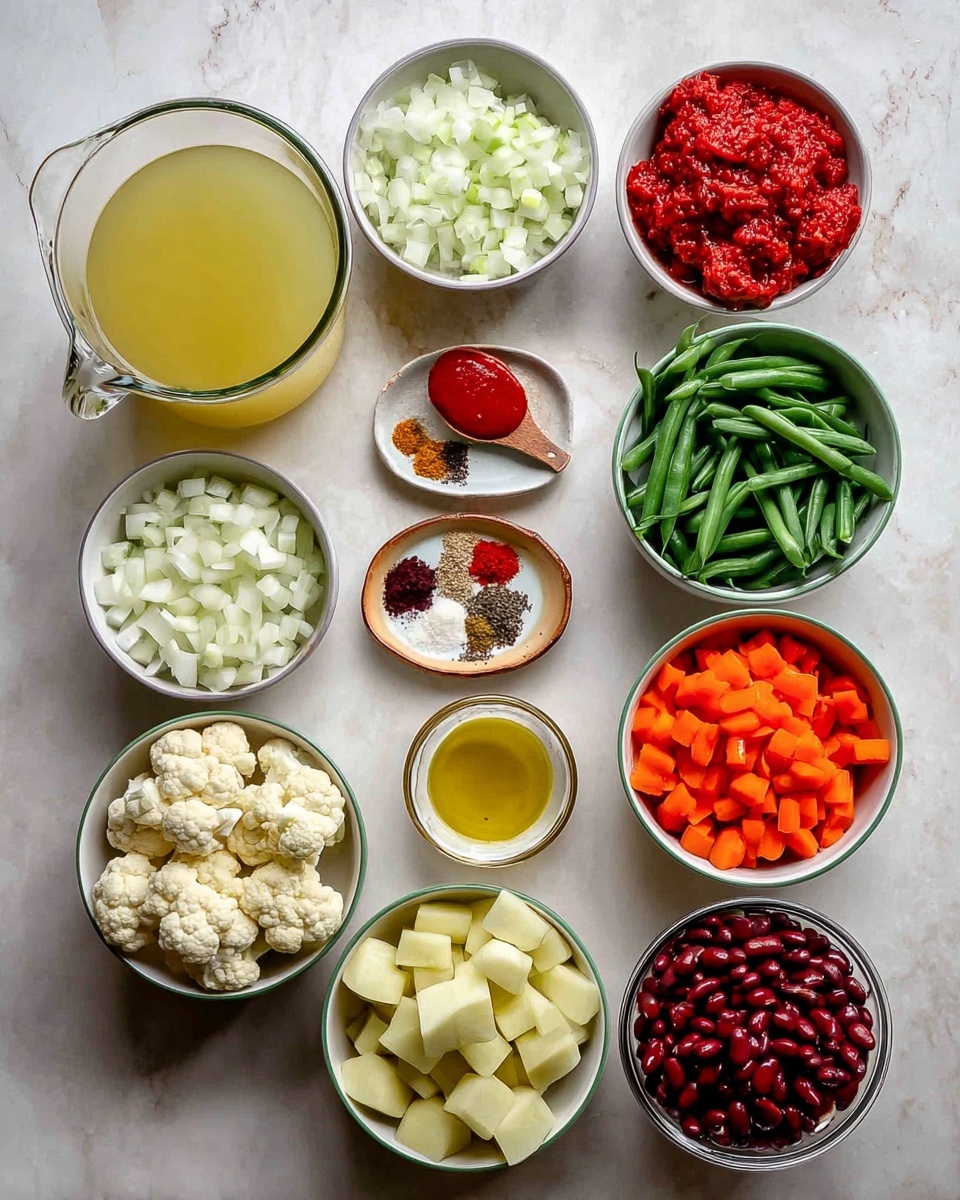 A collection of twelve white bowls and glass containers arranged neatly on a white marbled surface, each filled with different fresh ingredients: one large glass container with light yellow broth on the left; a bowl with chopped white onions at the top center; a small white bowl with bright red tomato paste next to the onions; a small plate with various dried spices in small piles; a tiny wooden bowl with minced garlic at the center; a bowl with fresh green beans to the right; a tiny glass filled with golden oil; a bowl of white cauliflower florets; a bowl of diced orange carrots at the bottom right; a bowl of chopped green celery; a bowl of cubed white potatoes; a bowl of fresh green spinach leaves; a glass bowl filled with chunky red diced tomatoes; and a bowl of dark red kidney beans. The colors and textures of the vegetables and ingredients create a fresh, vibrant look. Photo taken with an iphone --ar 4:5 --v 7