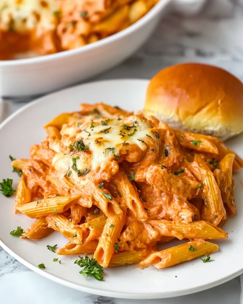 The image shows a white plate filled with penne pasta covered in a rich, creamy tomato sauce with a smooth texture and pinkish-orange color. On top of the pasta, there is a layer of melted cheese that is golden brown in spots, bubbly, and slightly stretchy, with small green herb pieces sprinkled on it. The pasta is garnished with fresh parsley chopped finely and placed around for color contrast. Next to the plate, to the right, there is a round golden-brown bread roll resting on the white marbled surface. The background also shows a hint of a white dish filled with more pasta in the same creamy sauce. photo taken with an iphone --ar 4:5 --v 7