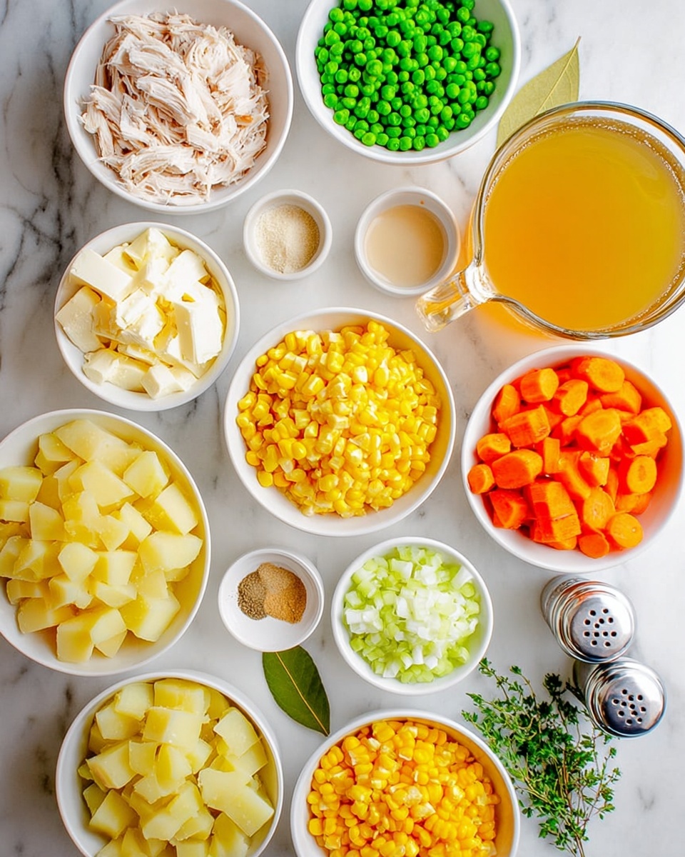 The image shows many white bowls and small dishes with colorful ingredients laying on a white marbled surface. There are layers of bright yellow cubed potatoes in one bowl and shredded light brown chicken in another. Next to these are bowls filled with bright orange sliced carrots, yellow corn kernels, frozen green peas, and light green celery pieces. Small white bowls hold finely chopped white onions, creamy white milk, pale yellow butter, and light brown powder spices. Fresh green herbs lie loose next to the bowls. On the right side near the front, there is a clear glass pitcher filled with golden broth. Salt and pepper shakers and a bay leaf complete the setup. The lighting is bright and natural, highlighting the clear textures and colors of the ingredients. photo taken with an iphone --ar 4:5 --v 7