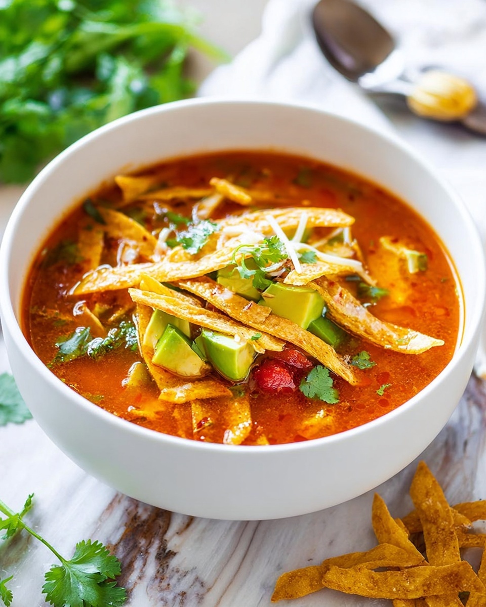 A large white oval pot with blue handles is filled with a thick soup made of multiple layers: chunks of red tomatoes, yellow corn kernels, shredded light brown meat, small black beans, and green herbs all mixed into a rich orange-red broth. The soup has a slightly oily shine on top, and the pot is placed on a white marbled surface with sprigs of fresh green cilantro around it. To the side, there are twisted strips of crispy light brown tortilla chips. photo taken with an iphone --ar 4:5 --v 7