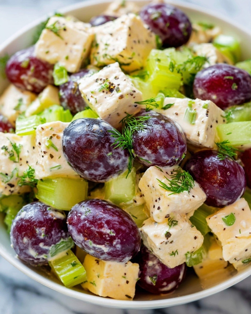 This is a close-up view of a salad in a white bowl on a white marbled surface, showing three main layers: large dark purple grapes with a shiny texture, pale yellow cubes of cheese with a smooth surface and some black pepper sprinkled on top, and small light green celery pieces with a fresh look. The salad is mixed with a creamy white dressing that coats the ingredients lightly. There are small green slices of scallions and tiny sprigs of green dill scattered over the salad, adding more color and texture. photo taken with an iphone --ar 4:5 --v 7