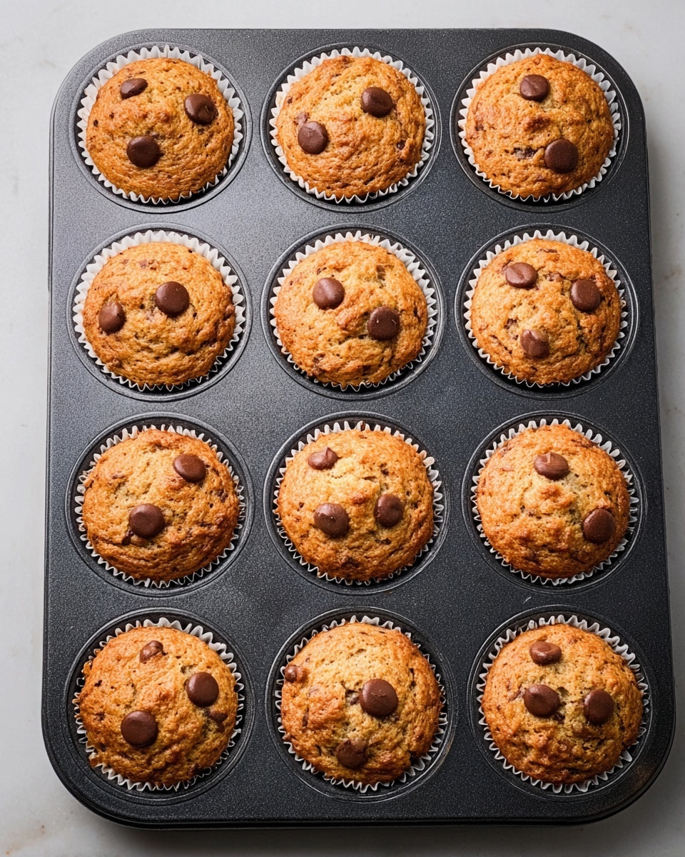 The image shows a black muffin tray with twelve golden brown muffins inside white paper liners. Each muffin has a rough textured top with irregular cracks and is decorated with three dark chocolate chips arranged randomly on the surface. The tray is placed on a white marbled surface, with even lighting that highlights the warm tones of the muffins and the slight shine on the chocolate chips. photo taken with an iphone --ar 4:5 --v 7
