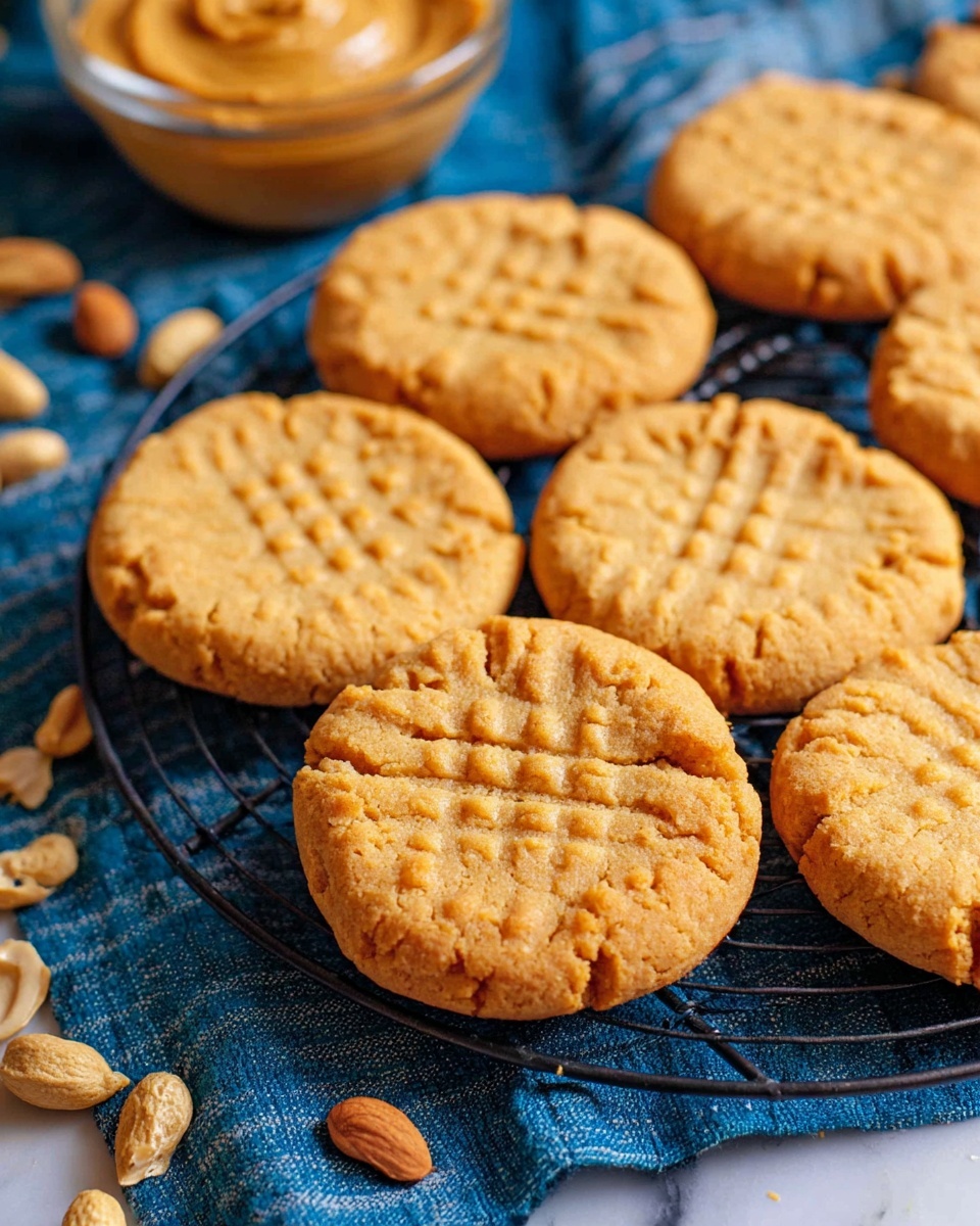 A close-up of several peanut butter cookies on a black wire cooling rack shows round, golden-brown cookies with a crisscross fork pattern on the top surface. The cookies have a slightly rough texture and a warm, inviting color. In the background, a small clear glass bowl holds a thick, creamy peanut butter spread with swirled texture. Around the rack, a few whole peanuts and peanut pieces are scattered on a blue cloth with folds and wrinkles, all placed on a white marbled textured surface. Photo taken with an iphone --ar 4:5 --v 7