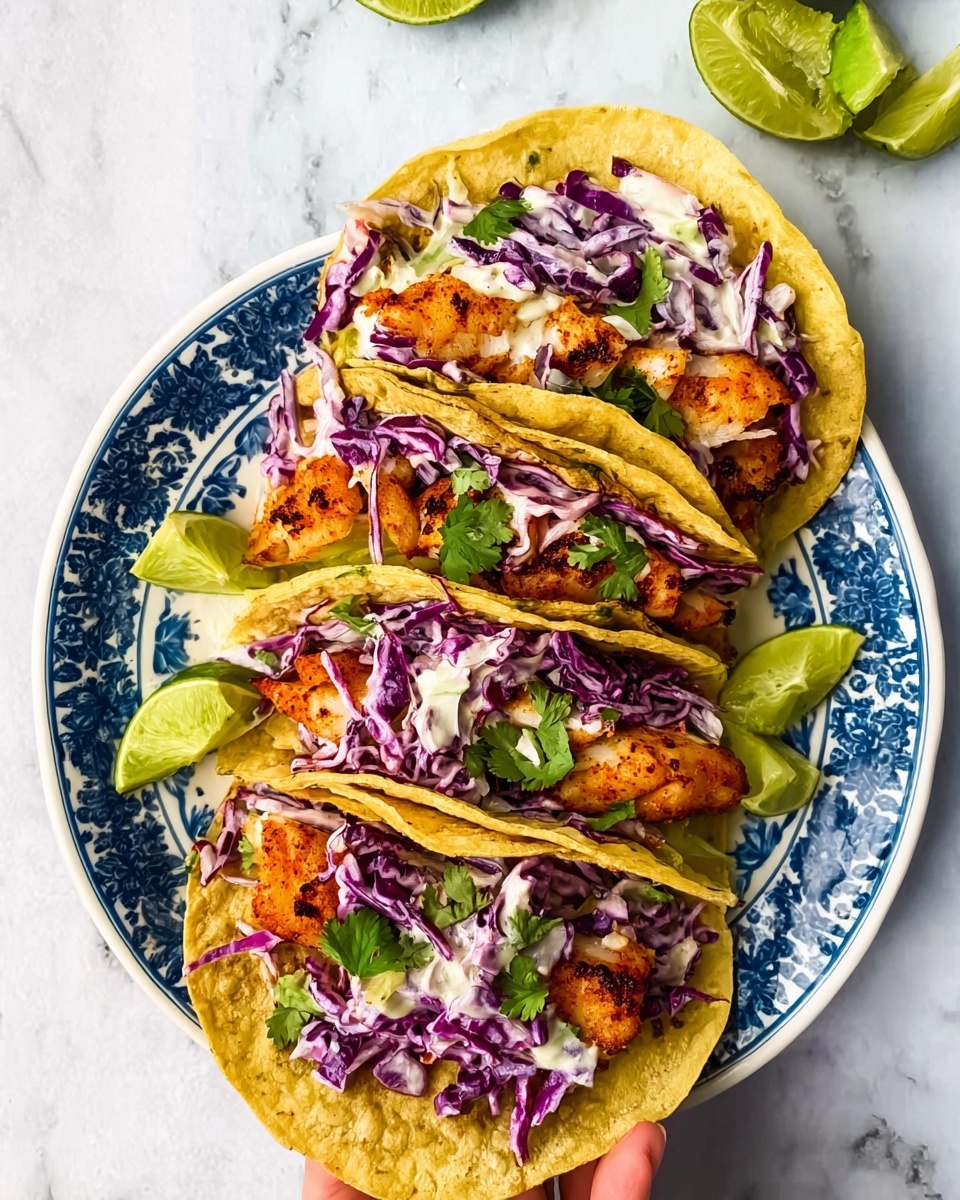 The image shows four soft corn tacos arranged on a white plate with blue patterns, all placed on a white marbled surface. Each taco has three layers: the bottom layer is a yellowish soft tortilla, the middle layer is crispy cooked white fish with orange seasoning, and the top layer is a creamy purple cabbage slaw. Small green cilantro leaves are scattered on top of the slaw and fish, adding fresh green accents. There are also lime wedges placed on the plate and the edge of the image. A woman's hand is seen reaching toward one of the tacos. Photo taken with an iphone --ar 4:5 --v 7