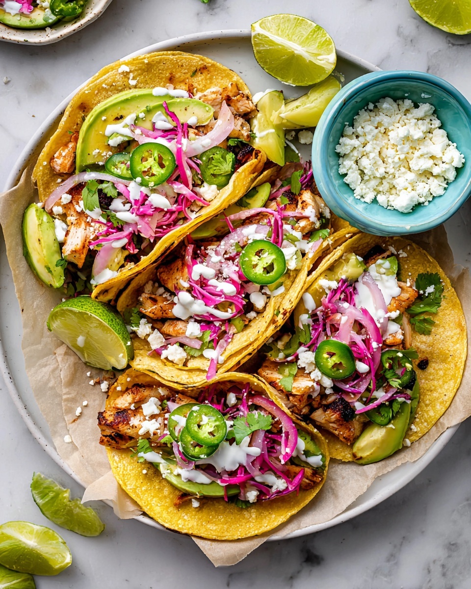 Three soft yellow corn tortillas are filled with several layers on a white plate with a piece of parchment paper under them; each taco has a base of grilled light brown chicken pieces, topped with thin slices of bright green jalapeño, small chunks of green avocado, purple shredded cabbage, white crumbled cheese, pink pickled onions, fresh green cilantro leaves, and a drizzle of white sauce. On the same plate, a small pale blue bowl with white crumbly cheese sits near the top right taco, with lime wedges scattered around the plate edges. The background is a white marbled texture photo taken with an iphone --ar 4:5 --v 7