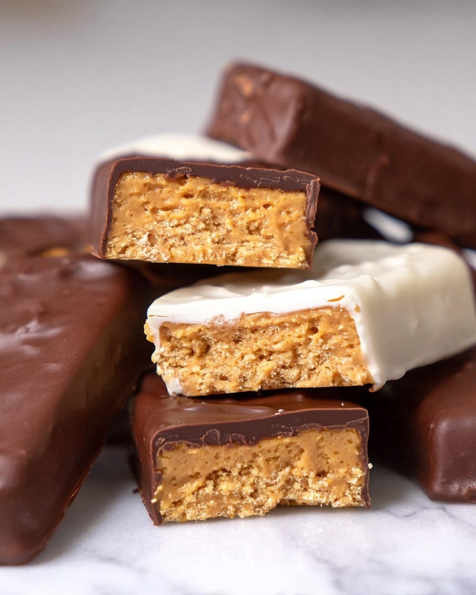 A stack of six layered snack bars is shown on a white marbled surface. The bars have a crumbly, light brown inside filling and are coated in three types of chocolate: two white chocolate bars on the top layer, two dark chocolate bars in the middle, and two milk chocolate bars at the bottom. Each bar is cut to show the texture inside, with the white chocolate layers appearing smooth and slightly glossy, and the dark and milk chocolate layers looking rich and shiny. The bars form a pyramid-like shape with alternating chocolate coatings on a clean white marbled background, photo taken with an iphone --ar 4:5 --v 7