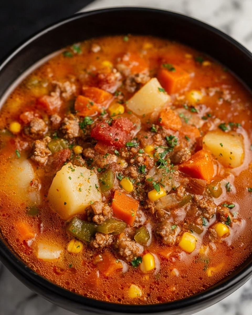 A close-up view of a black bowl filled with thick soup rich with many ingredients. The soup has a red-orange broth base, filled with small chunks of ground meat, diced carrots, potatoes, corn kernels, chopped tomatoes, and green herbs sprinkled on top. The textures range from soft vegetables to crumbly meat pieces, all mixed evenly throughout the bowl. The bowl sits on a white marbled surface, adding a clean contrast to the vibrant colors of the soup. photo taken with an iphone --ar 4:5 --v 7