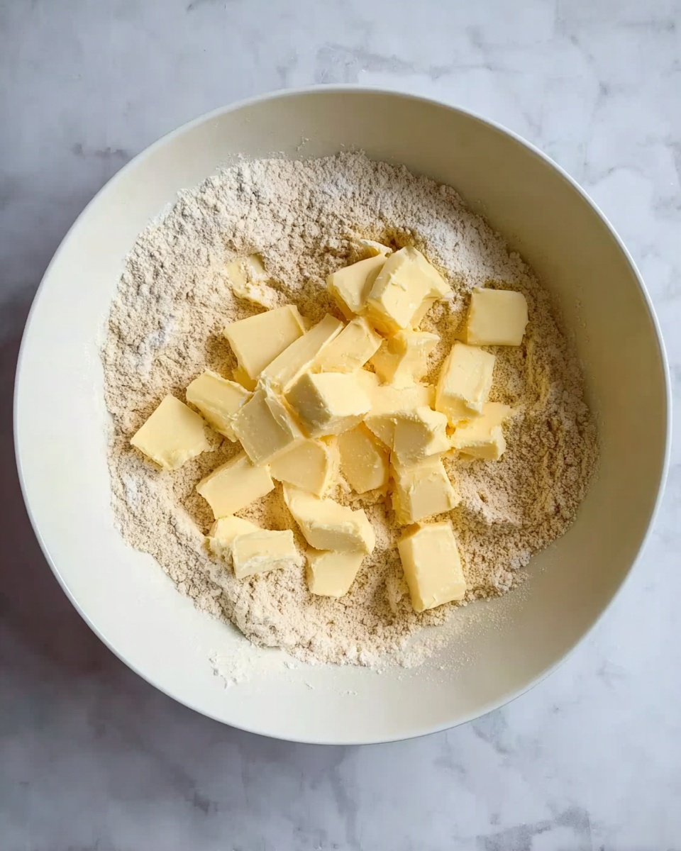 A white bowl on a white marbled surface contains a mixture of beige flour and light yellow butter pieces spread on top. The flour forms the bottom layer, with the butter pieces scattered unevenly across it, showing smooth and solid textures. photo taken with an iphone --ar 4:5 --v 7