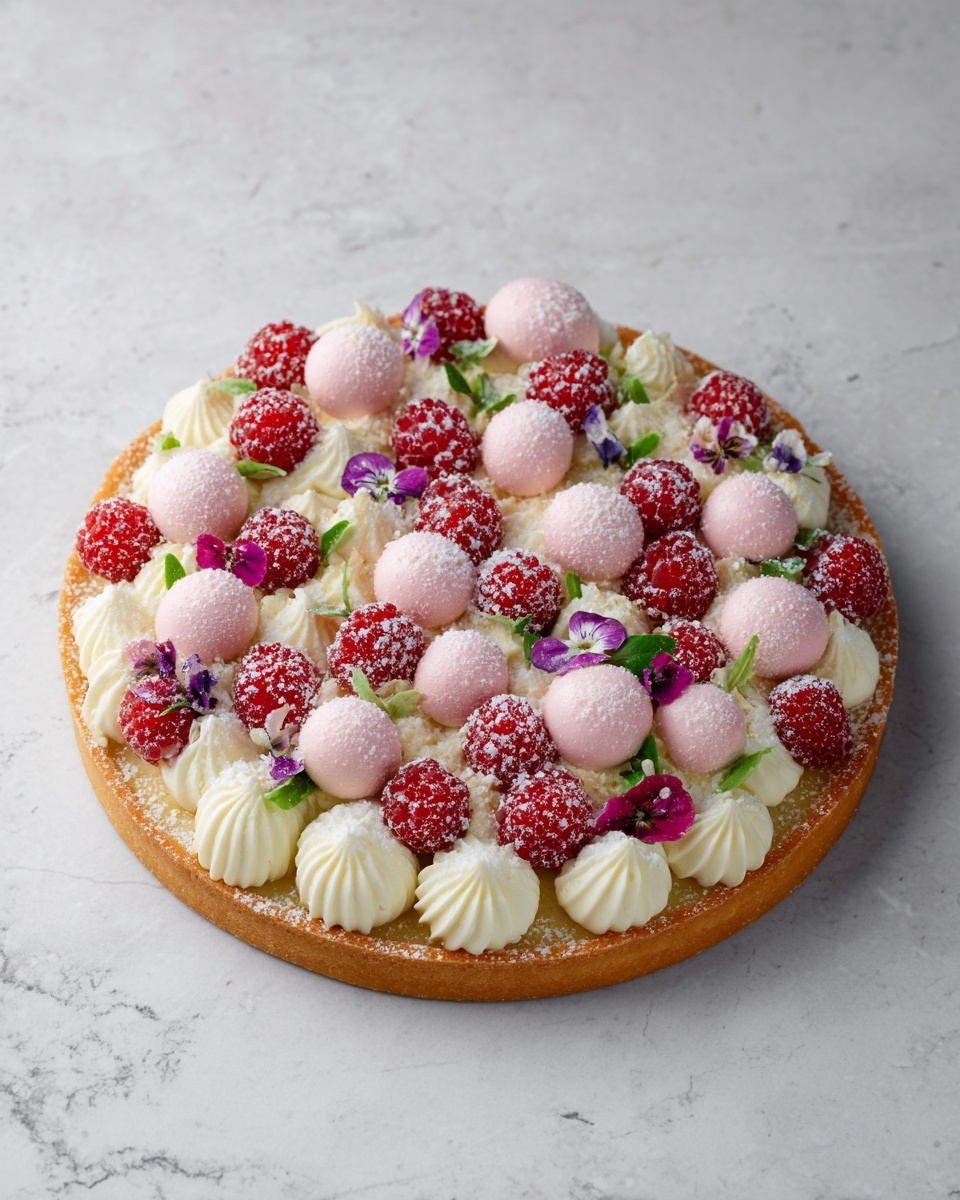 A round tart with a golden brown crust forms the base layer. On top, there are many small white cream swirls spread evenly across the surface. Pink dome-shaped mousse pieces are placed among the cream swirls in a scattered pattern. Fresh red raspberries dusted with white powdered sugar are placed between the cream and mousse, adding bright color. Small purple flower buds and green leaves are carefully placed as decoration in between the cream, mousse, and raspberries. The tart sits on a white marbled surface. photo taken with an iphone --ar 4:5 --v 7