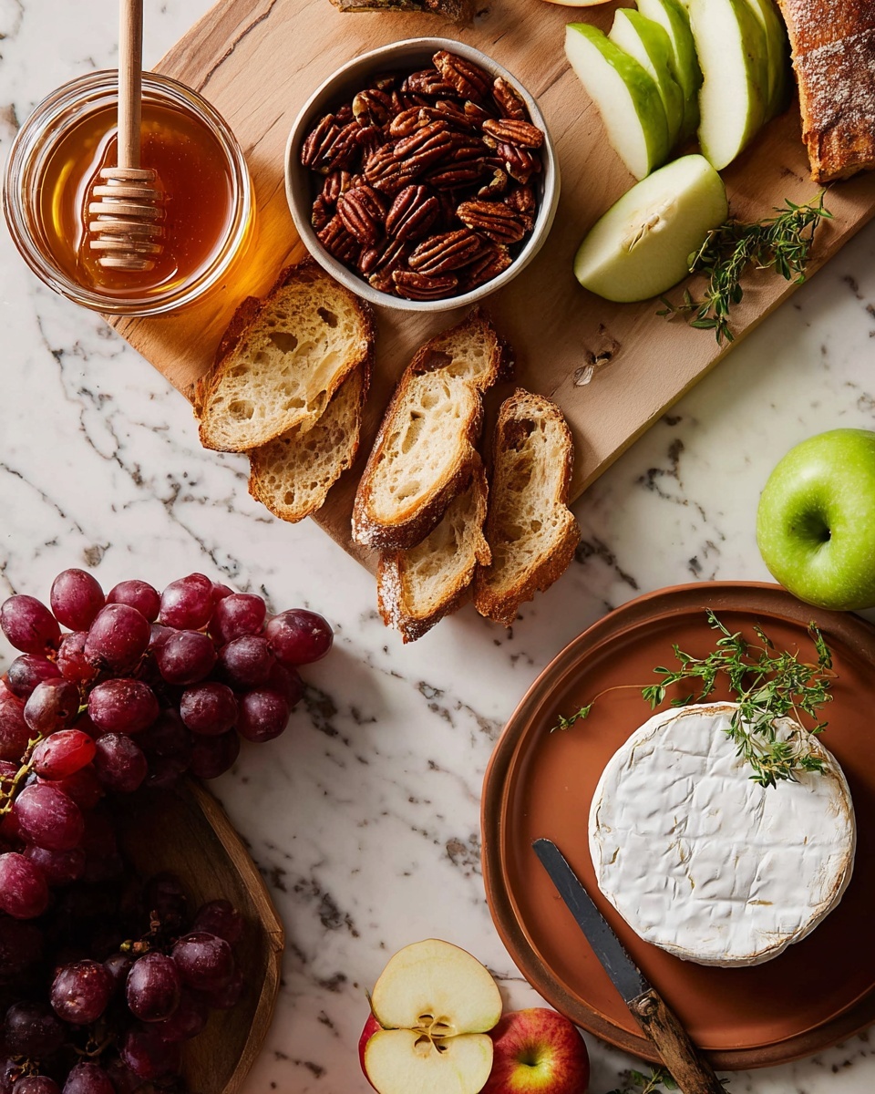 The image shows a wooden board on a white marbled surface with a small white bowl filled with dark brown pecans near the top center. To the left, there is an open glass jar of amber honey with a wooden honey dipper resting in it. Below the bowl and jar, there are several slices of light golden bread with a crisp crust arranged casually. Towards the right side of the board, there are green apple slices and one half of an apple showing its seeds, next to a red apple. A knife with a wooden handle lies near the apple slices on the board. At the bottom, a round brown plate holds a bunch of deep purple grapes on the vine, a whole round white cheese in a wooden container, and green herb sprigs placed beside the cheese. The whole scene is bright and looks fresh, photo taken with an iphone --ar 4:5 --v 7