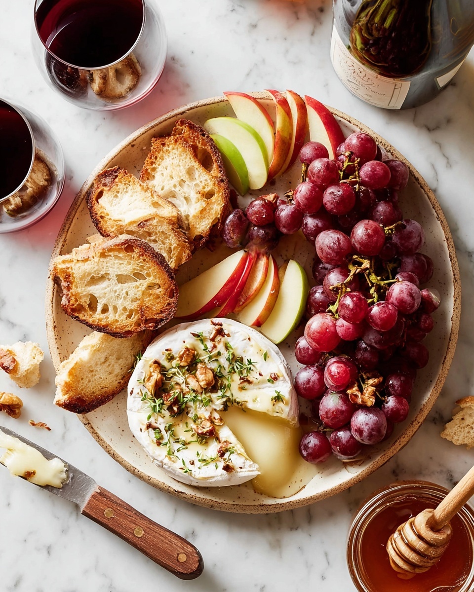 A round white plate is filled with a cluster of red grapes on the upper right, next to green and red apple slices placed in the center. On the left side of the plate, there are four slices of golden toasted bread with an airy texture. At the bottom right of the plate, a whole round white cheese topped with chopped nuts and green herbs has a small section cut open, with melted cheese spilling slightly onto the plate. A knife with a wooden handle holds a scoop of cheese near the bottom left of the plate. To the right, a small clear jar of honey with a wooden honey dipper sits next to the cheese. Two glass cups of dark red wine and a wine bottle are visible above the plate, all set on a white marbled surface photo taken with an iphone --ar 4:5 --v 7