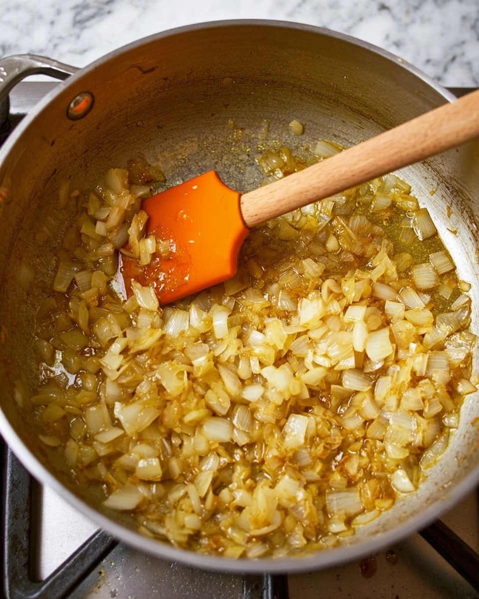 A close-up view inside a large silver pot on a stove, showing a layer of small chopped onions cooking and turning light golden brown with a slight shine from oil, mostly spread out evenly at the bottom of the pot. A wooden spatula with an orange silicone head rests across the center, stirring the onions gently. The inside of the pot has a slightly shiny, worn texture, and the stove beneath is partially visible. The background shows a white marbled surface around the pot. photo taken with an iphone --ar 4:5 --v 7