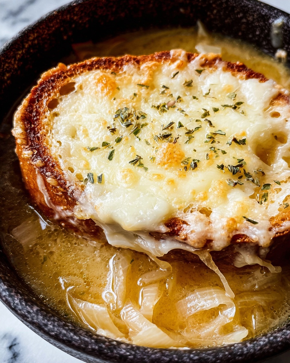 Two black bowls filled with French onion soup are placed on a white marbled surface. Each bowl has a thick layer of melted, golden cheese covering caramelized onions and broth inside. On top of the cheese, a toasted round piece of dark bread is partially soaked, with the bread edges crispy and visible. One bowl has a spoon scooping up some soup, showing the gooey, creamy texture of melted cheese and onions. To the side, there are pieces of rustic brown bread stacked loosely. Small bits of herbs are sprinkled over the cheese, adding a touch of green. photo taken with an iphone --ar 4:5 --v 7