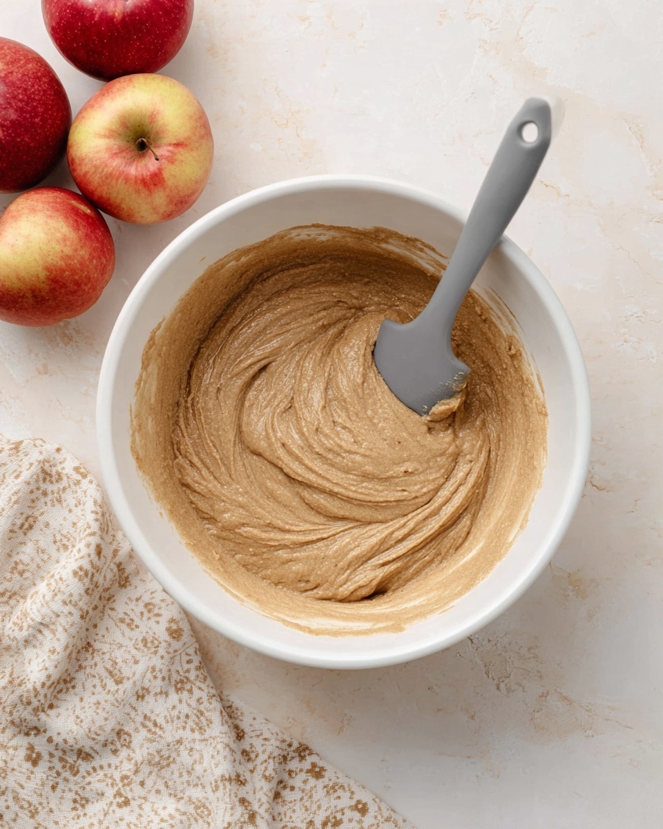 A white mixing bowl filled with smooth, light brown batter that looks thick and creamy with visible swirling texture from stirring. A gray silicone spatula rests inside the batter, partially coated. The bowl sits on a white marbled surface with a beige and white patterned cloth partially visible at the bottom left. Three fresh red and yellow apples are placed near the top left corner. photo taken with an iphone --ar 4:5 --v 7