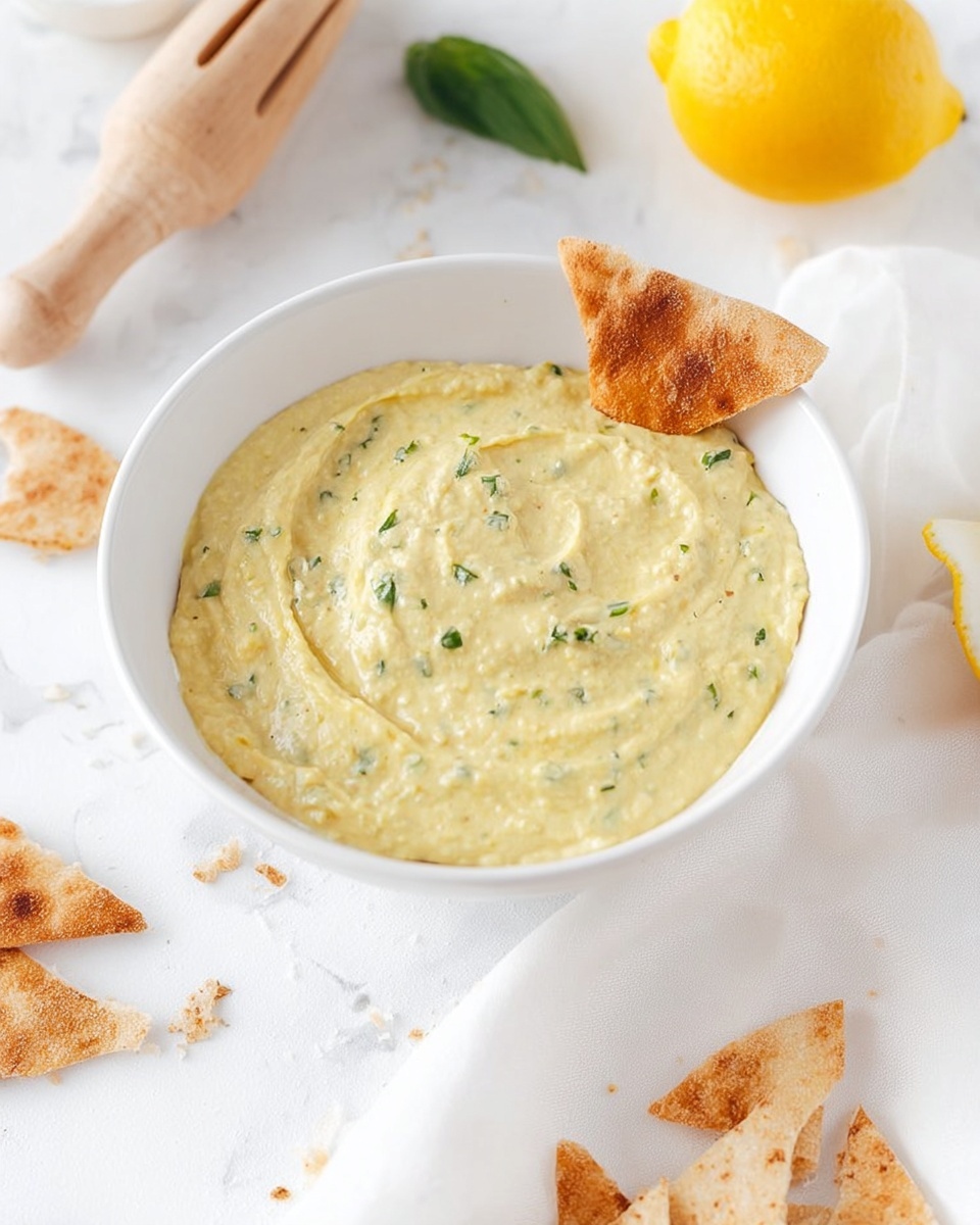 A white shallow bowl filled with a creamy pale yellow hummus speckled with small green herbs, with a single piece of toasted pita bread partially dipped on the edge. The bowl sits on a white marbled surface, scattered with broken pieces of pita bread around it. In the background, there is a whole lemon, a wooden citrus juicer, and a green basil leaf, all placed on the white marbled surface with some light texture from a white cloth partially visible beneath the bowl. The setting is bright and clean with soft natural light. photo taken with an iphone --ar 4:5 --v 7