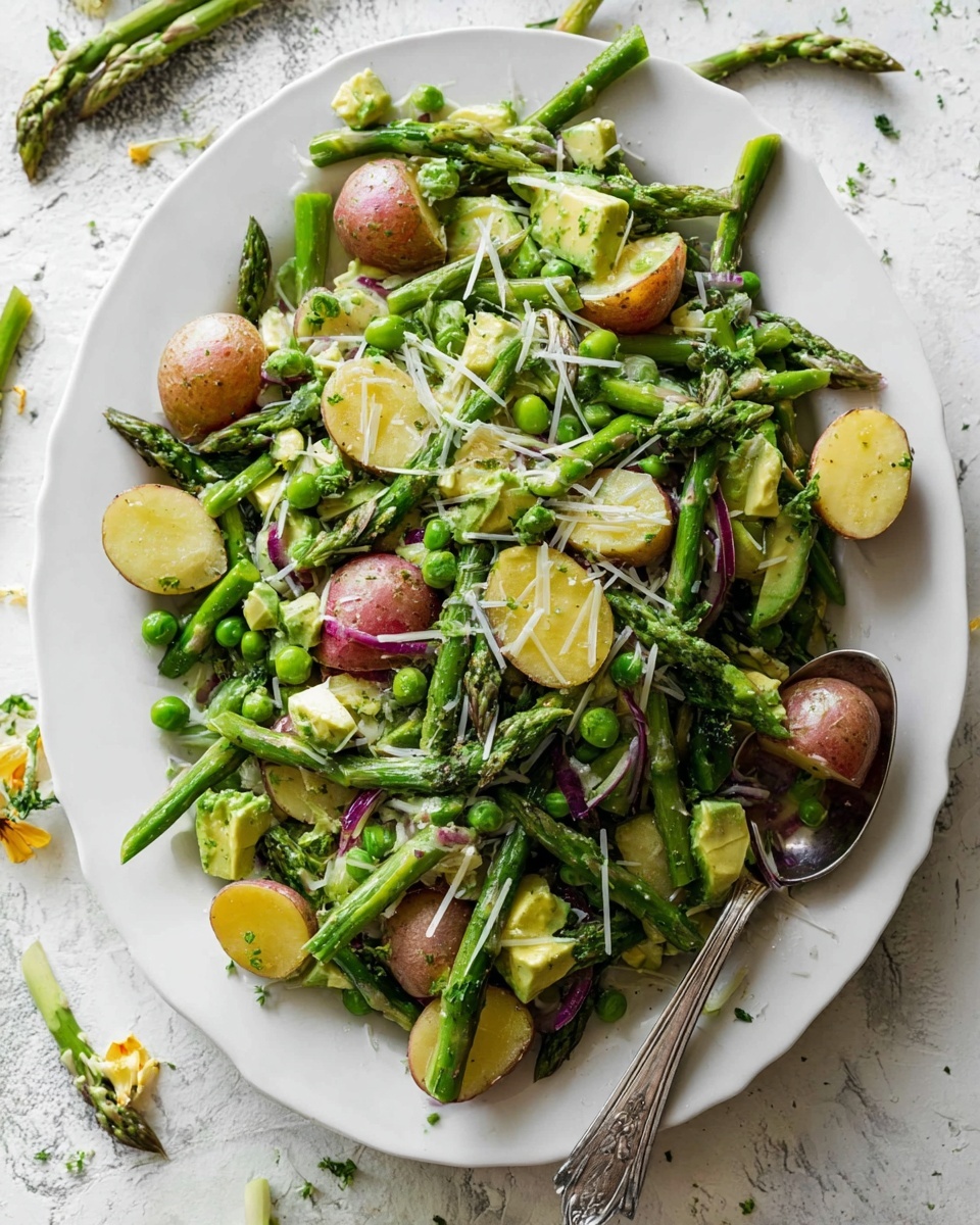 A white plate is full of a fresh salad with three main layers. The bottom layer is bright green asparagus stalks cut into short pieces, layered evenly across the plate. On top, there are halved small red potatoes with smooth golden-yellow centers scattered among the asparagus, adding a round shape and warm color contrast. The top layer includes chunks of green avocado, thin slices of light purple onion, and small bright green peas. Shredded white cheese is sprinkled over the whole salad, giving a soft texture finish. A large silver spoon rests on the right side of the plate. The plate sits on a white marbled surface with some scattered asparagus tips and petals nearby. photo taken with an iphone --ar 4:5 --v 7