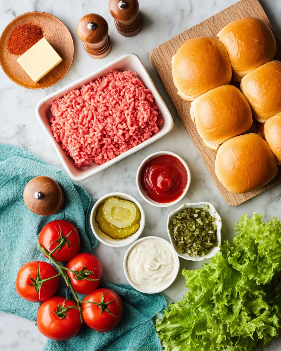 The image shows a flat lay of fresh hamburger ingredients on a white marbled surface. There are four soft, golden-brown buns lined up on a wooden board at the top right. Below the buns, a white tray holds bright pink ground meat with a textured surface. To the right of the meat, three small white bowls contain smooth white mayonnaise, chopped green pickles, and thick red ketchup from left to right. At the top left, a small wooden plate with red spice powder is placed next to a small cube of butter. Two wooden pepper mills are also seen near the bottom left. A bunch of vibrant red tomatoes on green vines rests on a teal cloth in the lower left corner, while fresh leafy green lettuce fills the bottom right side. photo taken with an iphone --ar 4:5 --v 7
