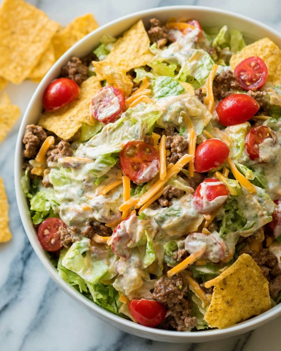 The image shows a white bowl filled with a layered salad that has several colorful ingredients combined. The bottom layer has broken yellow tortilla chips with a rough texture. Above that, there is a mix of light green lettuce pieces and creamy beige dressing that coats the salad well. Scattered throughout the salad are small, round, bright red cherry tomatoes and crumbled cooked meat with a brownish-gray color. Thin strands of shredded orange cheese are mixed in, adding more color and texture. The bowl is set on a white marbled surface, enhancing the fresh and vibrant look of the dish. Photo taken with an iphone --ar 4:5 --v 7