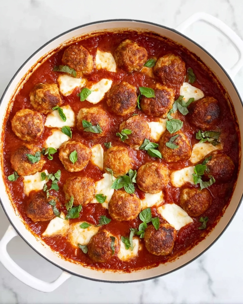 A white round pot filled with a rich red tomato sauce covering the base layer, topped with 17 evenly spaced golden-brown meatballs. Scattered across and between the meatballs are irregular white chunks of melted cheese, and fresh green basil leaves add a touch of color on top. The pot is placed on a white marbled surface. Photo taken with an iphone --ar 4:5 --v 7