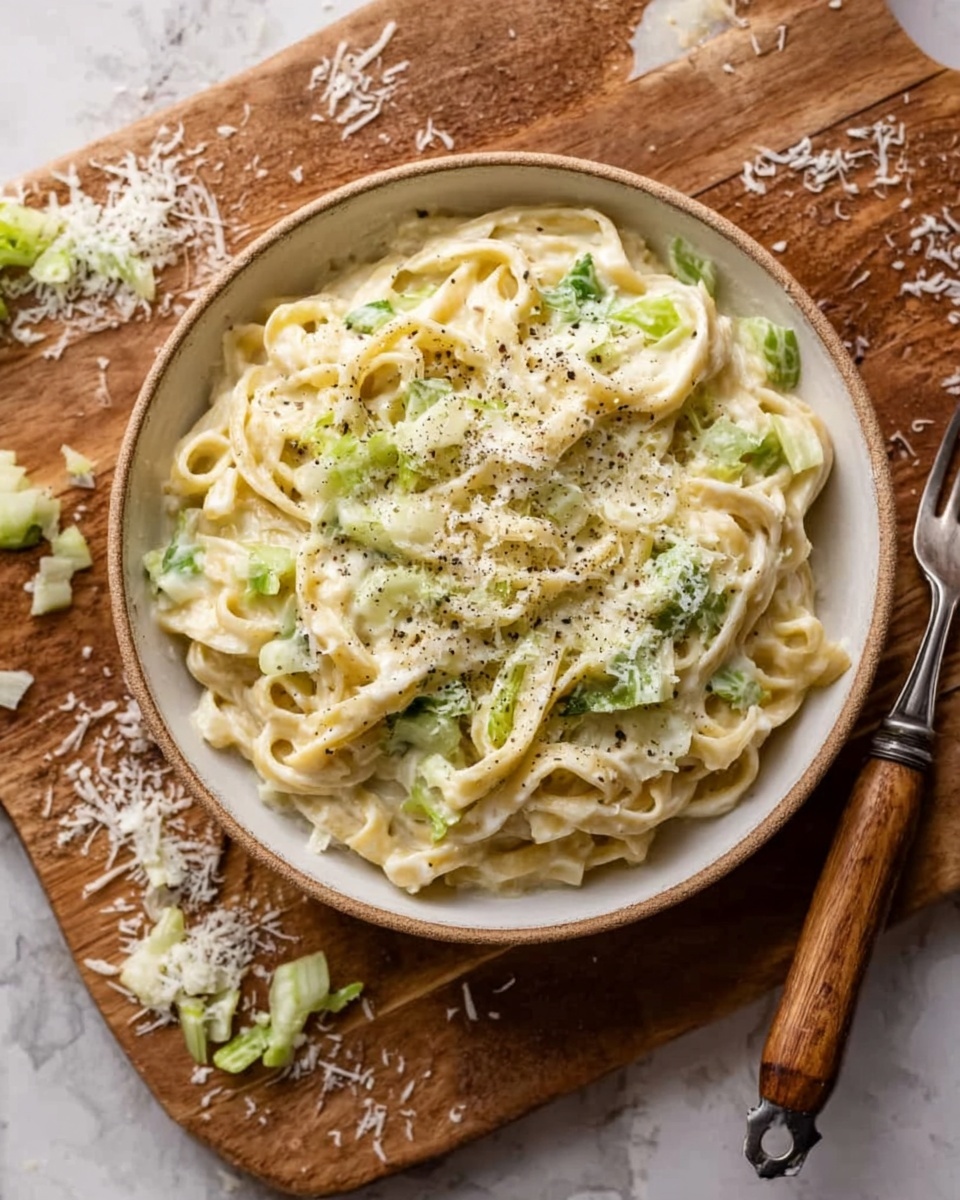 A white bowl filled with creamy fettuccine pasta layered with thick, smooth white sauce mixed with small pieces of light green vegetables. The pasta strands are intertwined, covered evenly by the sauce, and sprinkled with grated white cheese and black pepper on top. The bowl is placed on a wooden board with some scattered grated cheese and chopped vegetables around it. A vintage fork with a wooden handle lies on the right side of the bowl, placed on a white marbled surface. photo taken with an iphone --ar 4:5 --v 7