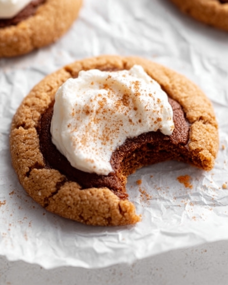 A close-up view of round cookies arranged on a white marbled surface. Each cookie has two layers: a outer cracked, golden-brown dough layer that is thick and crumbly, and a smooth, dark brown filling in the center that looks soft and glossy. On some cookies, there is a dollop of white whipped cream with a light sprinkle of cinnamon powder on top, placed near the edge of the filling. The cookies are overlapping slightly, showing textures clearly. photo taken with an iphone --ar 4:5 --v 7