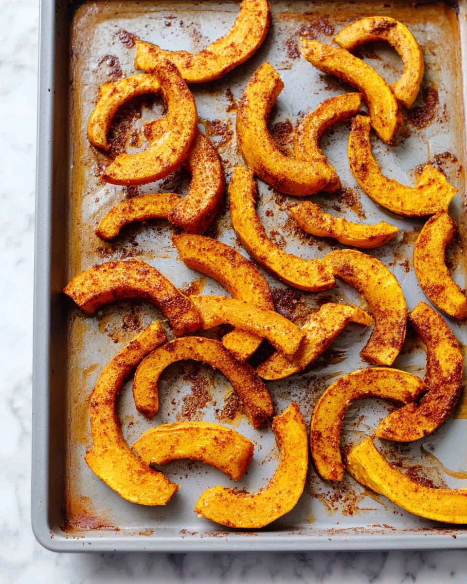 The image shows many pieces of roasted orange squash slices spread out unevenly on a light-colored baking tray. The squash pieces have a slightly crispy outer texture with a coating of spices that appear to be reddish and brown, giving them a warm and seasoned look. The baking tray sits on a white marbled surface. No other objects or layers are visible in the image. Photo taken with an iphone --ar 4:5 --v 7