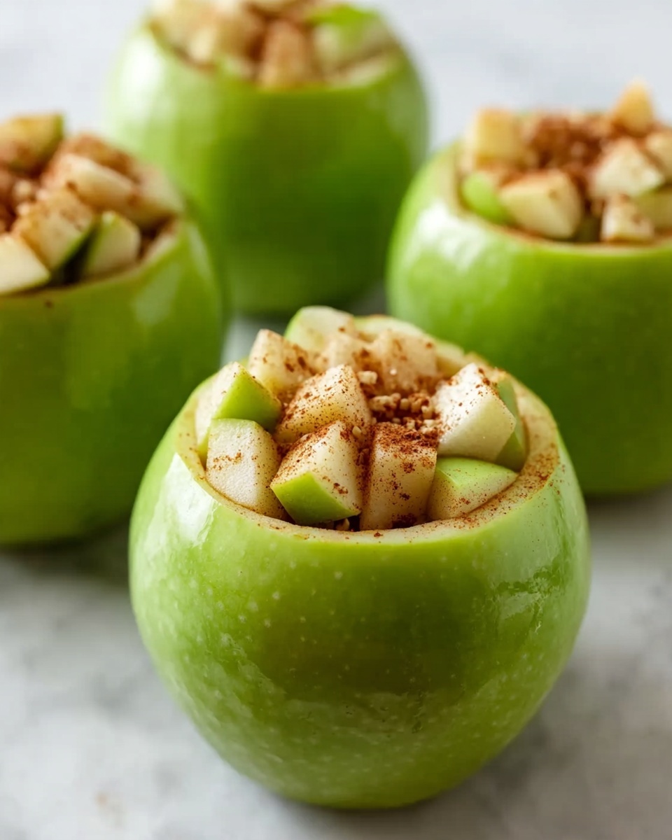 The image shows three green apples with the tops removed and hollowed out, each filled with small slices of apple pieces mixed with visible specks of cinnamon. The apples have a smooth, shiny texture and are placed on a white marbled surface. The apple filling is light cream with hints of brown from the cinnamon, slightly piled above the edge of the hollowed apples. The focus is on the closest apple, with the other two slightly blurred in the background. Photo taken with an iphone --ar 4:5 --v 7