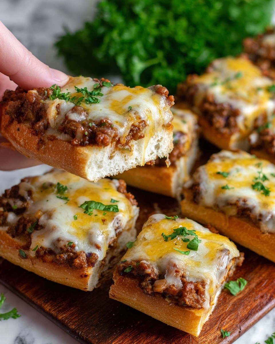 A woman's hand is holding a piece of bread topped with two layers of melted cheese in white and yellow colors over a thick layer of cooked ground meat mixed with small pieces of onions and peppers. The bread slice is soft with a light golden crust. On the wooden surface below, several similar slices are visible with the same layers of melted cheese, meat filling, and small bits of fresh green herbs sprinkled on top. In the background, there is a bunch of fresh parsley, and the scene is set on a white marbled surface. photo taken with an iphone --ar 4:5 --v 7
