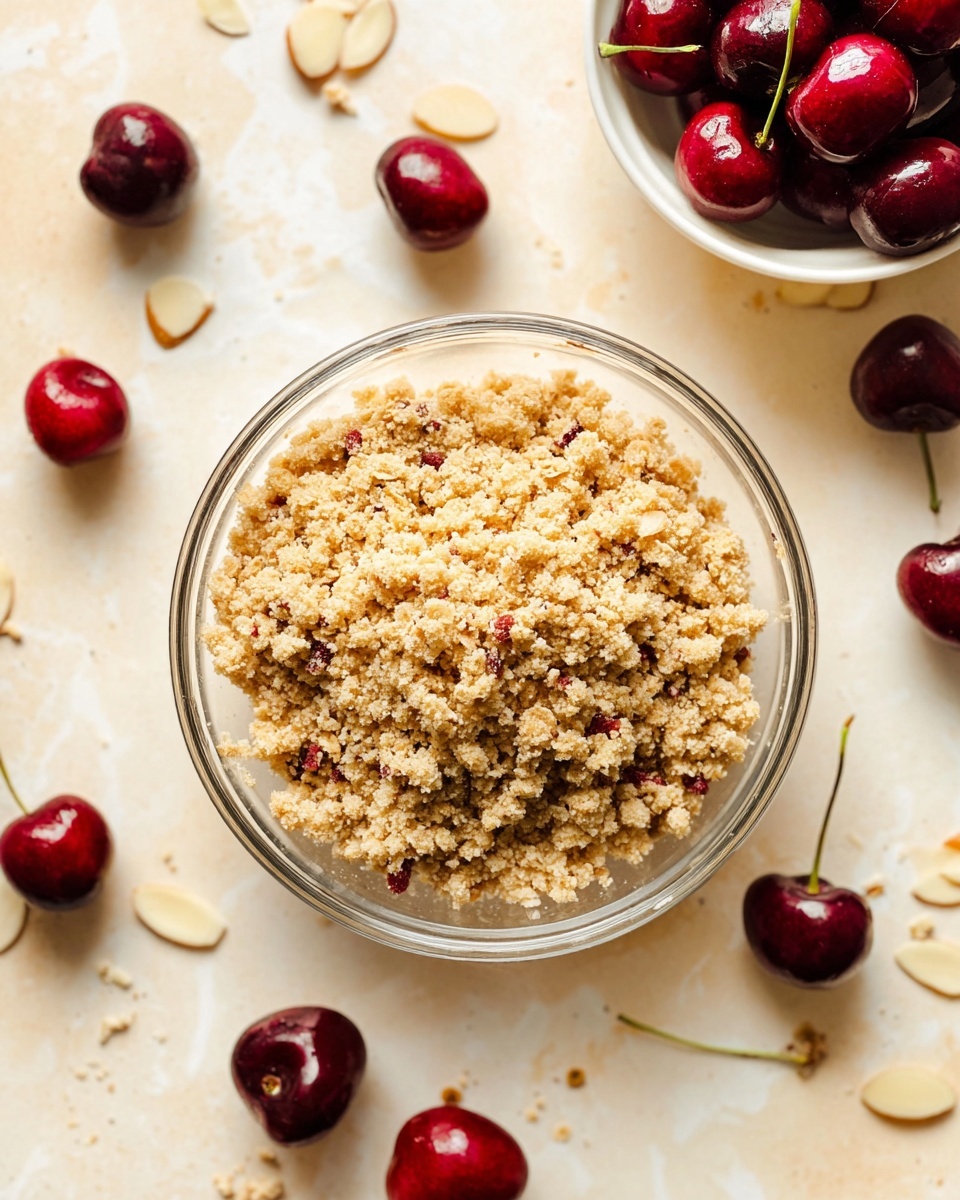 The image shows a clear glass bowl filled with a crumbly mixture of oats, small nut pieces, and light brown crumbs, all with a rough texture. The bowl is placed on a surface with a white marbled texture. Around the bowl, there are several whole red cherries with stems scattered on the surface, along with a few small white almond slices. In the top right corner, there is a small white bowl filled with more shiny dark red cherries. The overall composition is bright with natural lighting. photo taken with an iphone --ar 4:5 --v 7