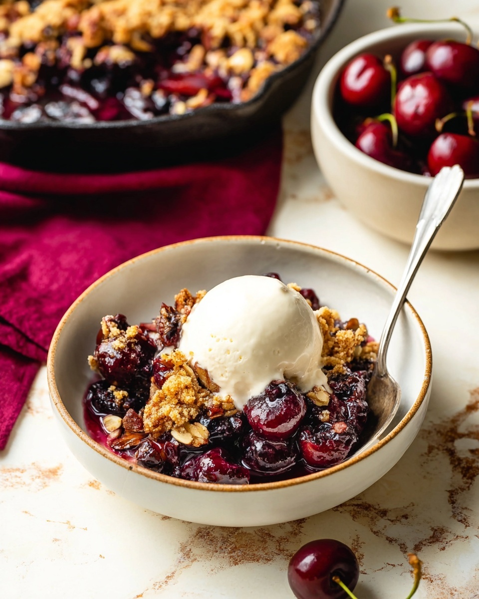 A white bowl holds a layered cherry dessert with deep red, glossy cooked cherries at the bottom, topped with golden brown crumbly oat and nut streusel pieces, and finished with a smooth, round scoop of creamy white ice cream on top; a silver spoon rests inside the bowl leaning on the right side. In the background, there is a black cast iron skillet filled with similar cherry dessert, and a white bowl with fresh dark red cherries. The surface beneath is a white marbled texture with a burgundy cloth to the left and one fresh cherry placed on the bottom right side. photo taken with an iphone --ar 4:5 --v 7