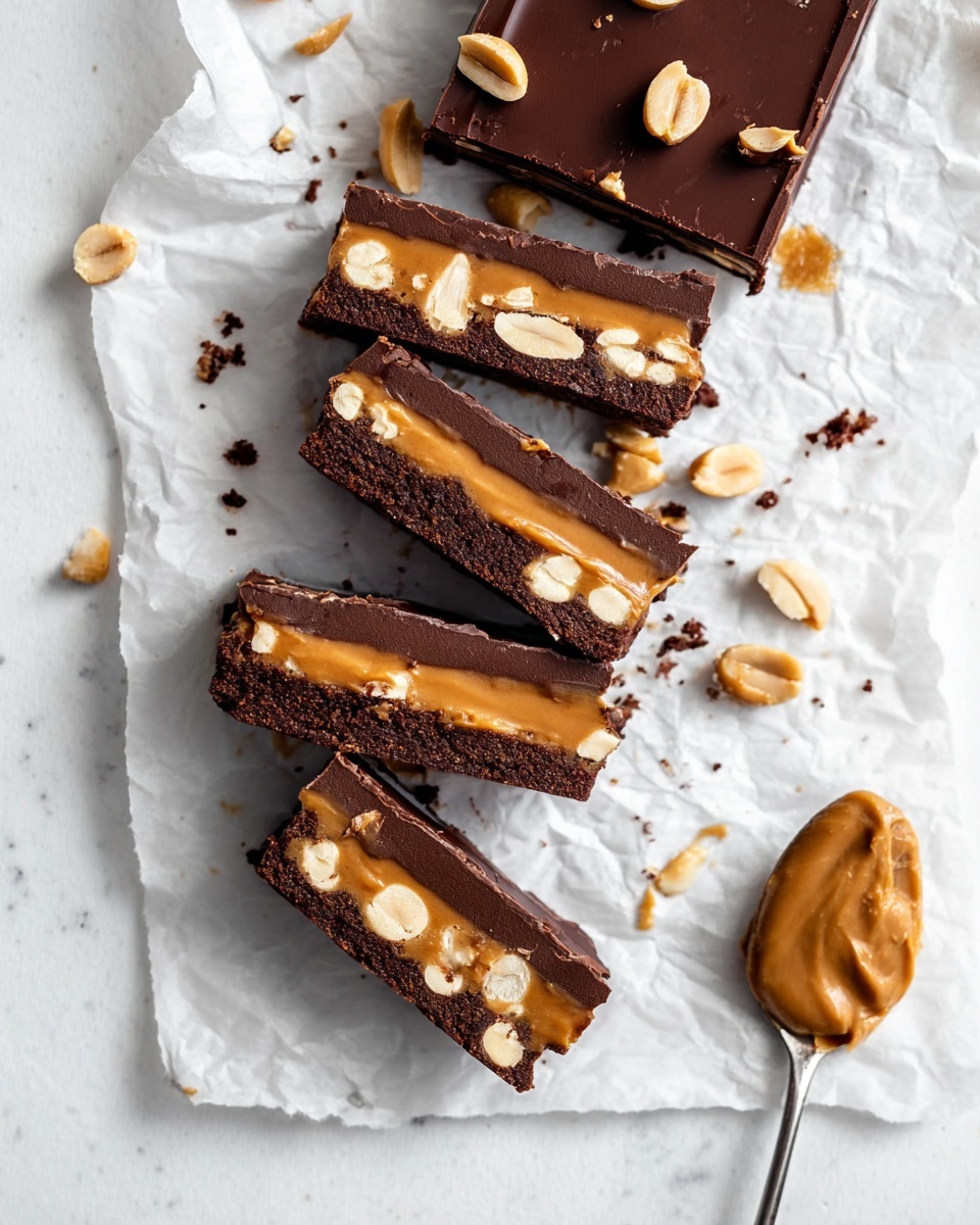 The image shows several slices of a chocolate and peanut caramel bar on crumpled white paper over a white marbled surface. Each bar slice has three layers: a dark chocolate base with a dense texture, a middle layer of shiny golden caramel with whole peanuts embedded, and a smooth dark chocolate top layer that has a glossy finish. Scattered roasted peanuts and crumbs are visible around the bars. To the right, there is a silver spoon with creamy peanut butter resting on the paper. Photo taken with an iphone --ar 4:5 --v 7