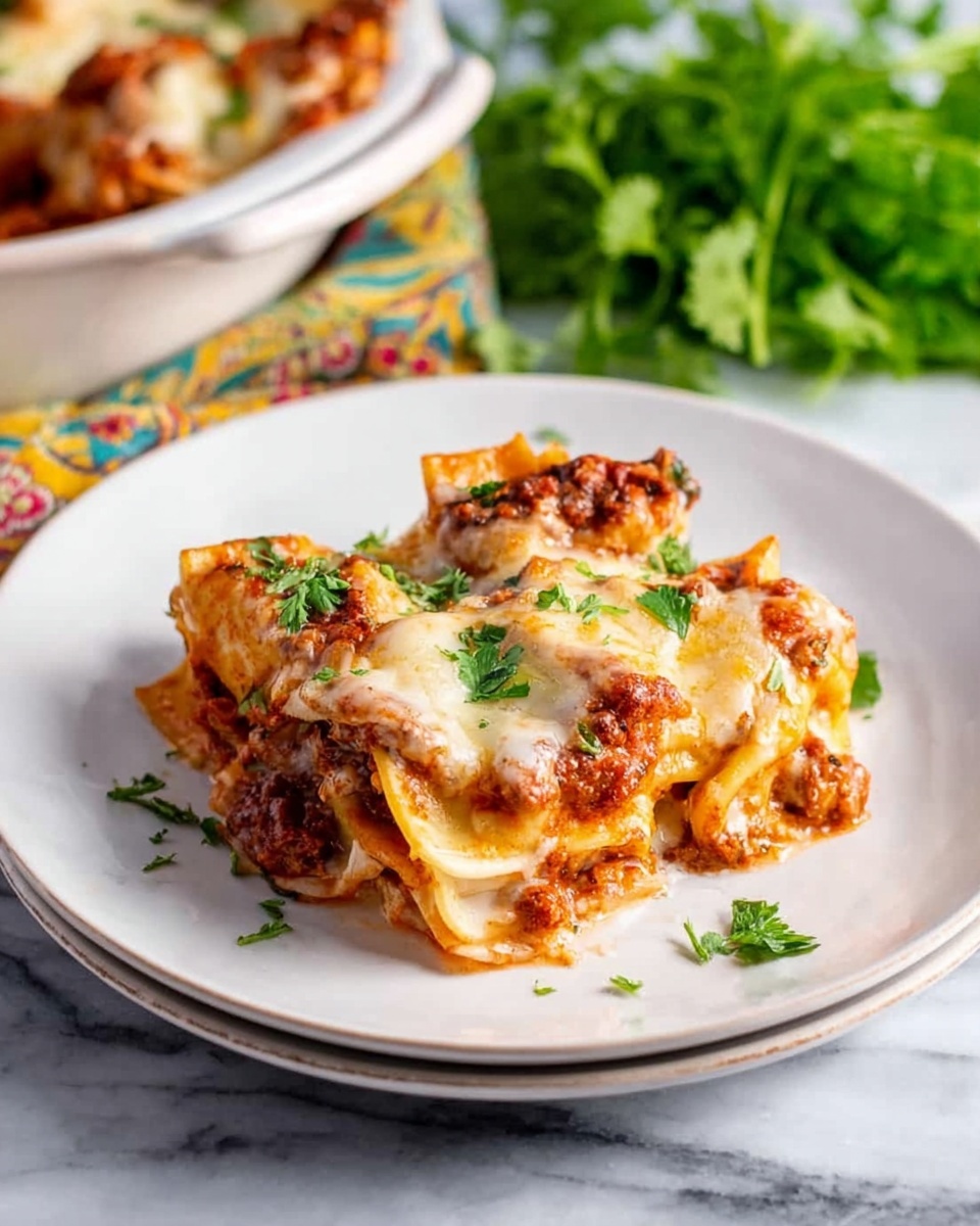 A white plate holds a serving of lasagna with three visible layers: a bottom layer of flat, soft pasta sheets, a middle layer of rich red tomato meat sauce mixed with ground meat, and a top layer of melted golden cheese that looks creamy and slightly browned in spots. Small green parsley leaves are sprinkled on top for color. The plate rests on a white marbled surface, and in the background, part of a white round dish filled with more lasagna is seen along with some green parsley or cilantro bunch. The scene is bright and fresh, with natural light highlighting the textures of the melted cheese and sauce. photo taken with an iphone --ar 4:5 --v 7