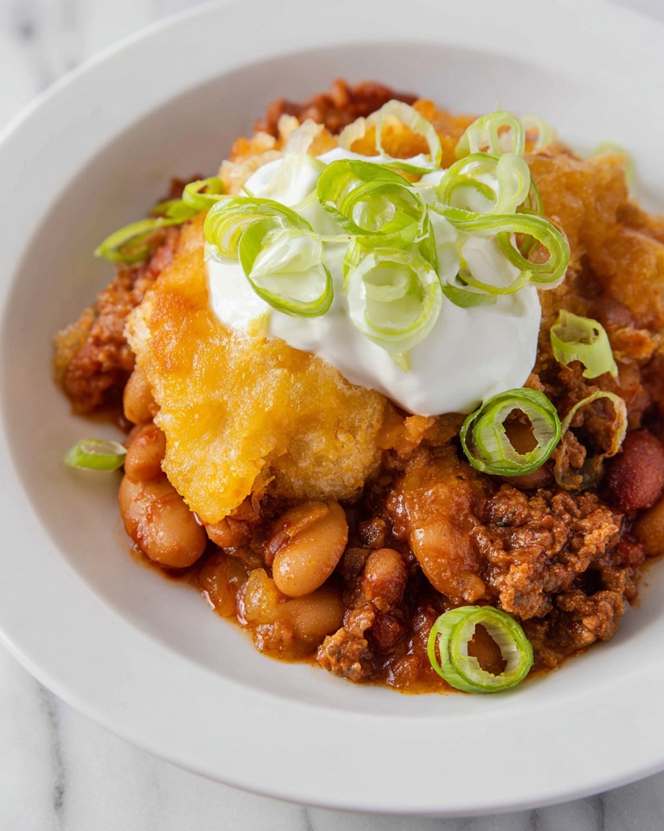 A white plate holds a serving of chili topped with melted cheese that is brown and crispy in spots. On top of the cheese, there is a dollop of white sour cream and thin slices of green onion arranged neatly. The chili itself has visible layers of beans, ground meat, and tomato sauce in reddish-brown tones. The background shows a blurred white dish with what looks like cornbread arranged in neat rows on a white marbled surface. photo taken with an iphone --ar 4:5 --v 7