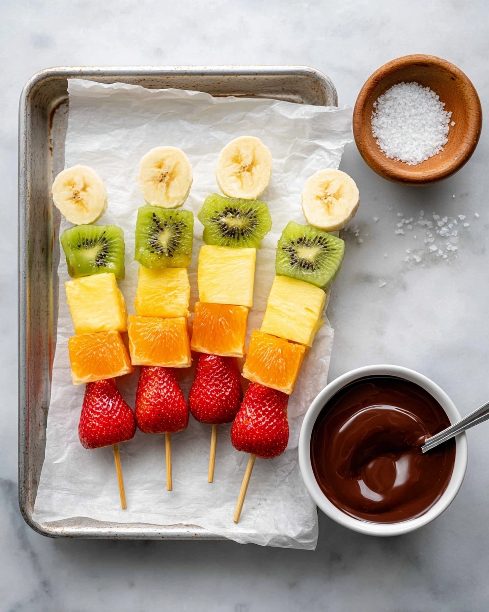 Rainbow Fruit Skewers with Dark Chocolate Drizzle Recipe 5 There are five fruit skewers placed side by side on white parchment paper inside a silver baking tray. Each skewer has five layers of fruit in this order from left to right: a green kiwi wedge, a round banana slice, a yellow pineapple chunk, an orange slice, and a red strawberry. To the right of the tray, there is a white bowl filled with melted chocolate with a spoon inside it. Above the bowl, a wooden bowl holds coarse salt. The scene is set on a white marbled surface. photo taken with an iphone --ar 4:5 --v 7