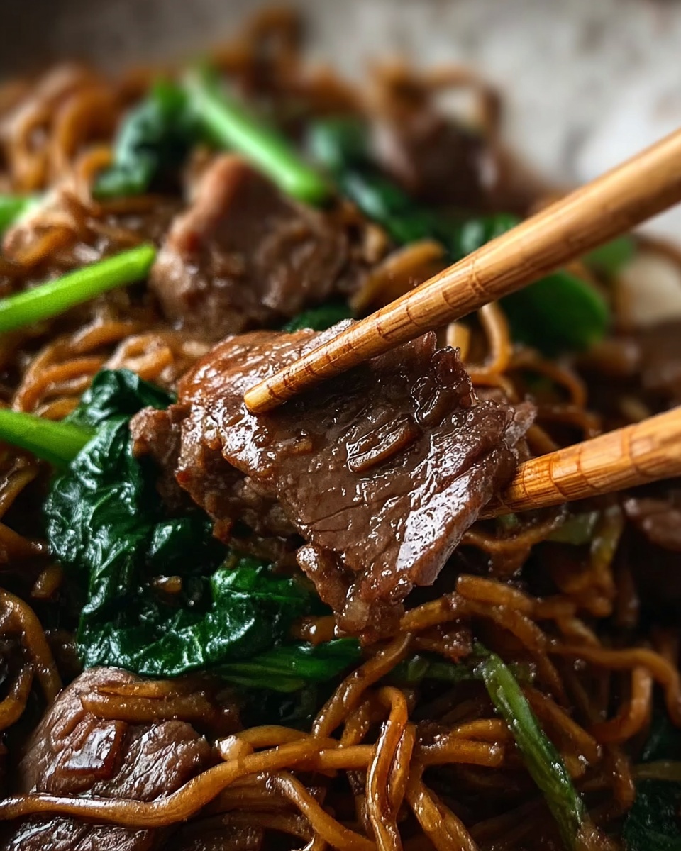 A close-up view of a pair of wooden chopsticks holding a glossy piece of cooked brown meat above a bed of dark brown stir-fried noodles mixed with vibrant green leafy vegetables, all resting on a white marbled surface. The texture of the meat looks tender and shiny, contrasting with the slightly twisted noodles and fresh greens in the background. Photo taken with an iphone --ar 4:5 --v 7