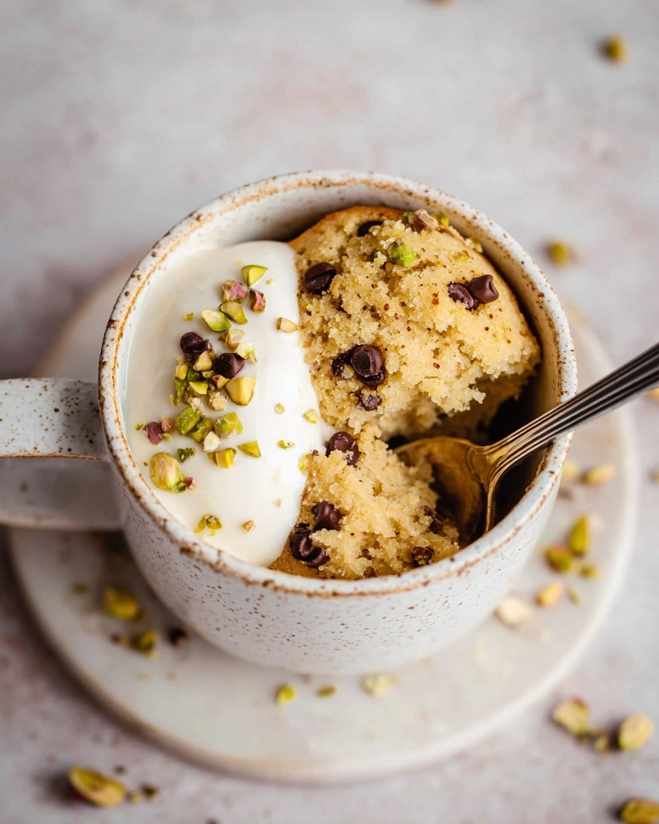 A white speckled mug filled with two soft, light brown cake scoops sitting close together inside. The cake texture looks moist and crumbly. On top of the cake, there is a smooth dollop of white cream resting on the left scoop. Scattered small dark chocolate chips and chopped green pistachios add color and texture over the cake surface. A silver spoon is inside the mug, scooping part of the cake. The mug is placed on a plain white marbled round plate, with a few chocolate chips and pistachio crumbs scattered around the plate on the same white marbled surface. Photo taken with an iphone --ar 4:5 --v 7